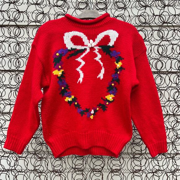 Vintage Red Mock Neck Sweater Wreath Bow Floral Knit Hasting Smith SMALL - Picture 1 of 4